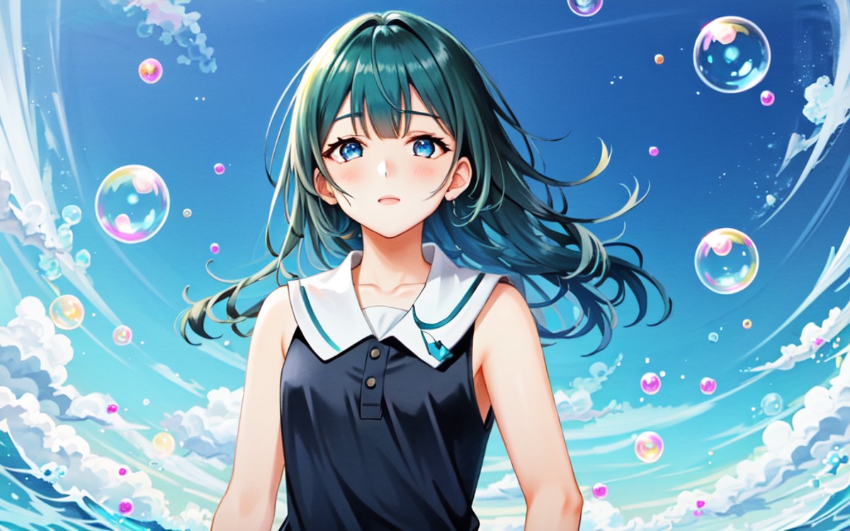 <lora:_bubbles:0.7:NIN> many bubbles reflection, +++ extremely quality, high detailed, anime coloring illustration game cg...